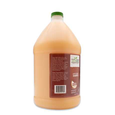 Left side view of Green Groom Ginger Orange Shampoo gallon jug, showcasing product description