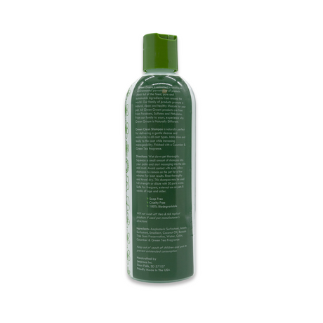 Back view of Green Groom Green Clean Shampoo 16 oz bottle, showcasing product label with ingredients and description