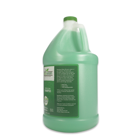 Right side view of Green Groom Green Clean Shampoo gallon jug, showcasing directions and ingredients