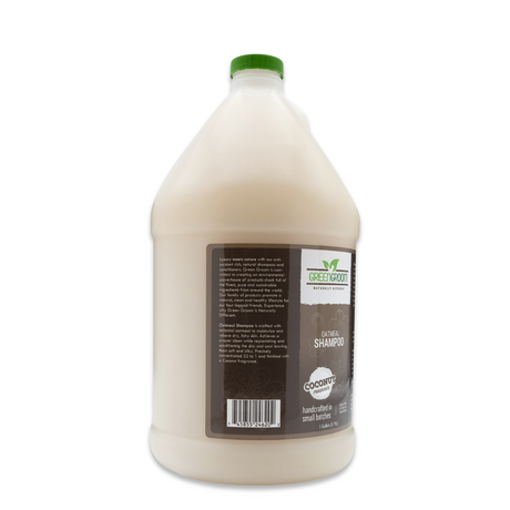 Left side view of Green Groom Oatmeal Shampoo gallon jug, showcasing product description