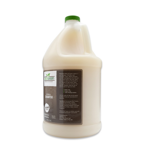 Right side view of Green Groom Oatmeal Shampoo gallon jug, showcasing directions and ingredients