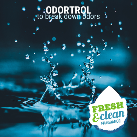 Close-up of calm, clear water disrupted by a splash accompanied by the text: 'Odortrol to break down odors, fresh & clean fragrance'