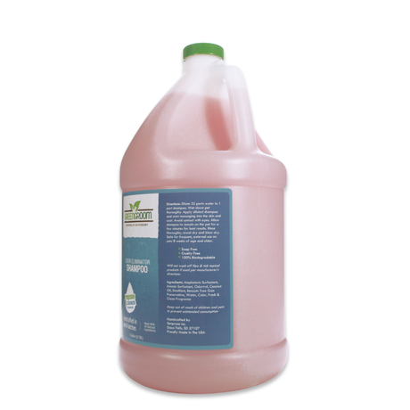 Right side view of Green Groom Odor Eliminator Shampoo gallon jug, showcasing directions and ingredients