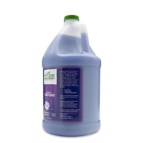 Right side view of Green Groom Shampoo + Conditioner gallon jug, showcasing directions and ingredients