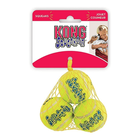 KONG SqueakAir dog toy packaging with three yellow balls in a mesh bag on a white background