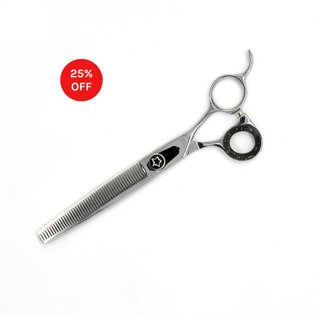 Closed view of Monk Black 7" 48-Tooth Thinning Shear with 25% off sale badge