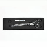 Monk Black 8.25" 21-Tooth Blending Shear in a protective black foam-lined case with gel finger ring and shear oil