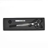 Monk Black 7" 48-Tooth Thinning Shear in a protective black foam-lined case with gel finger ring and shear oil