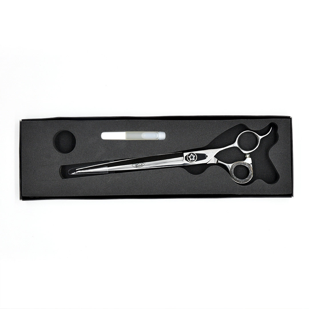 Monk Black 8.5" Straight Shear in a protective black foam-lined case with gel finger ring and shear oil