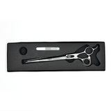 Monk Black 8.5" Straight Shear in a protective black foam-lined case with gel finger ring and shear oil