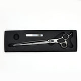 Monk Black 9.5" Straight Shear in a protective black foam-lined case with gel finger ring and shear oil