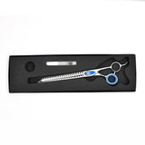 Monk Blue 8.5" 21-Tooth Blending Shear in a protective black foam-lined case with gel finger ring and shear oil