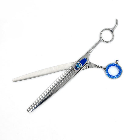 Open view of Monk Blue 8.5" 21-Tooth Blending Shear