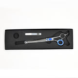 Monk Blue 7.5" 46-Tooth Thinning Shear in a protective black foam-lined case with gel finger ring and shear oil
