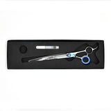 Monk Blue 8.5" Curved Shear in a protective black foam-lined case with gel finger ring and shear oil