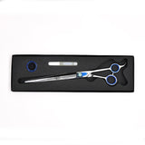 Monk Blue 10" Straight Shear in a protective black foam-lined case with gel finger ring and shear oil
