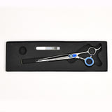 Monk Blue 7.5" Straight Shear in a protective black foam-lined case with gel finger ring and shear oil