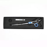 Monk Blue 8.5" Straight Shear in a protective black foam-lined case with gel finger ring and shear oil