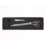 Monk Purple 8.25" 21-Tooth Blending Shear in a protective black foam-lined case with gel finger ring and shear oil