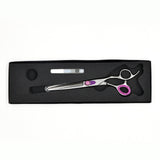 Monk Purple 7" 46-Tooth Thinning Shear in a protective black foam-lined case with gel finger ring and shear oil