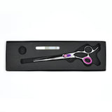 Monk Purple 7.5" Straight Shear in a protective black foam-lined case with gel finger ring and shear oil