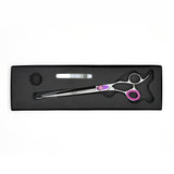 Monk Purple 8.5" Straight Shear in a protective black foam-lined case with gel finger ring and shear oil