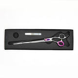 Monk Purple 9.5" Straight Shear in a protective black foam-lined case with gel finger ring and shear oil