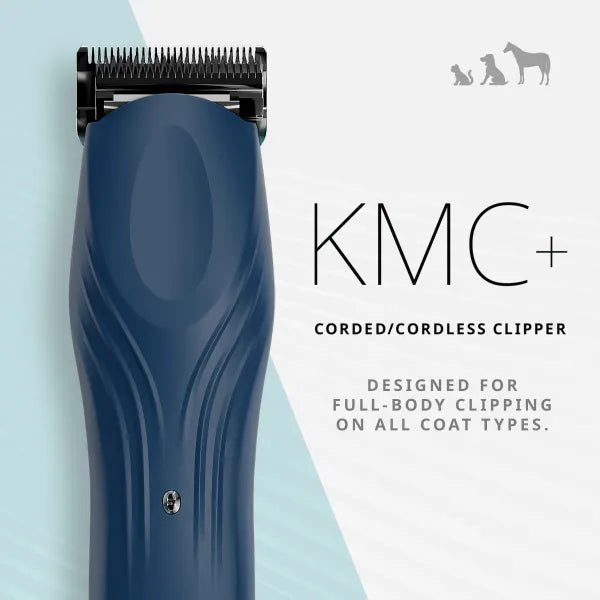 Navy Wahl KMC+ on a light blue background with symbols of a cat, dog and horse. Text reads: 'KMC+ Corded/Cordless Clipper. Designed for full-body clipping on all coat types.'