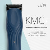 Navy Wahl KMC+ on a light blue background with symbols of a cat, dog and horse. Text reads: 'KMC+ Corded/Cordless Clipper. Designed for full-body clipping on all coat types.'