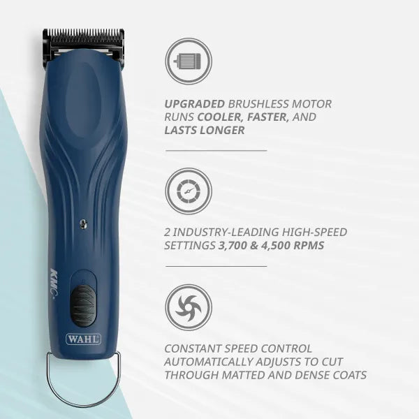 Navy Wahl KMC+ with features highlighted on a light gray background