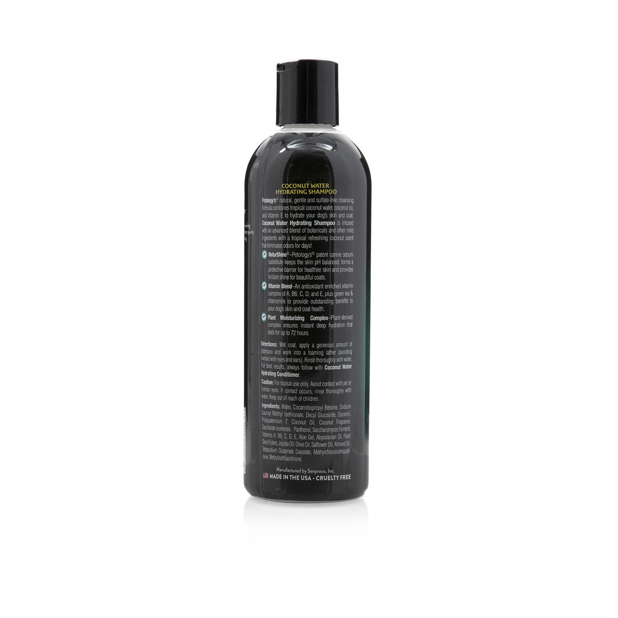Back view of Petology Coconut Water Hydrating Shampoo 16 oz bottle, showcasing product label with description, directions and ingredients