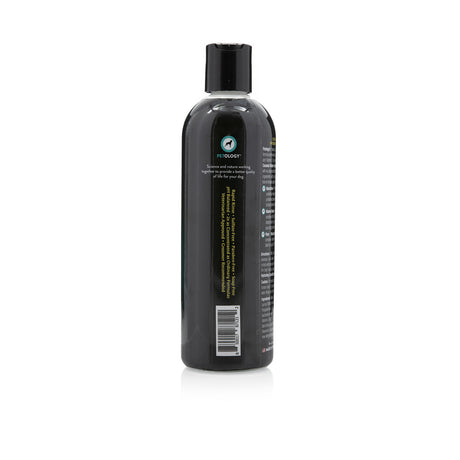 Side view of Petology Coconut Water Hydrating Shampoo 16 oz bottle, showcasing Petology logo, product features and UPC code