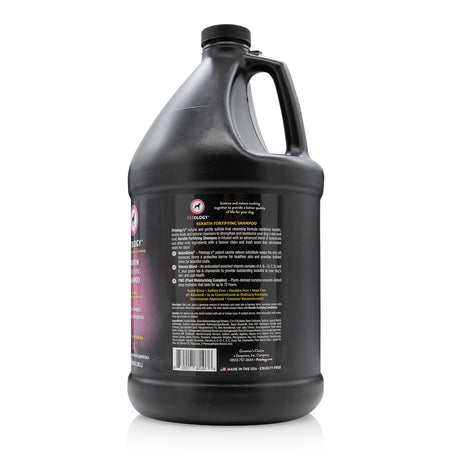 Side view of Petology Keratain Fortifying Shampoo gallon jug, showcasing product label with ingredients and description
