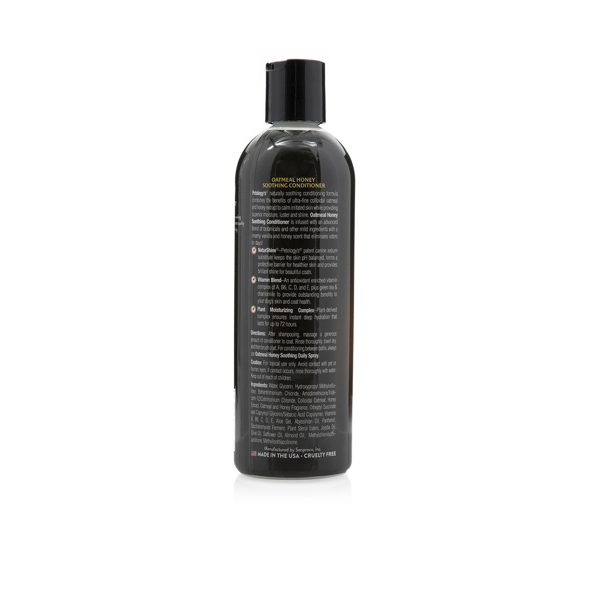 Back view of Petology Oatmeal Honey Soothing Conditioner 16 oz bottle, showcasing product label with description, directions and ingredients