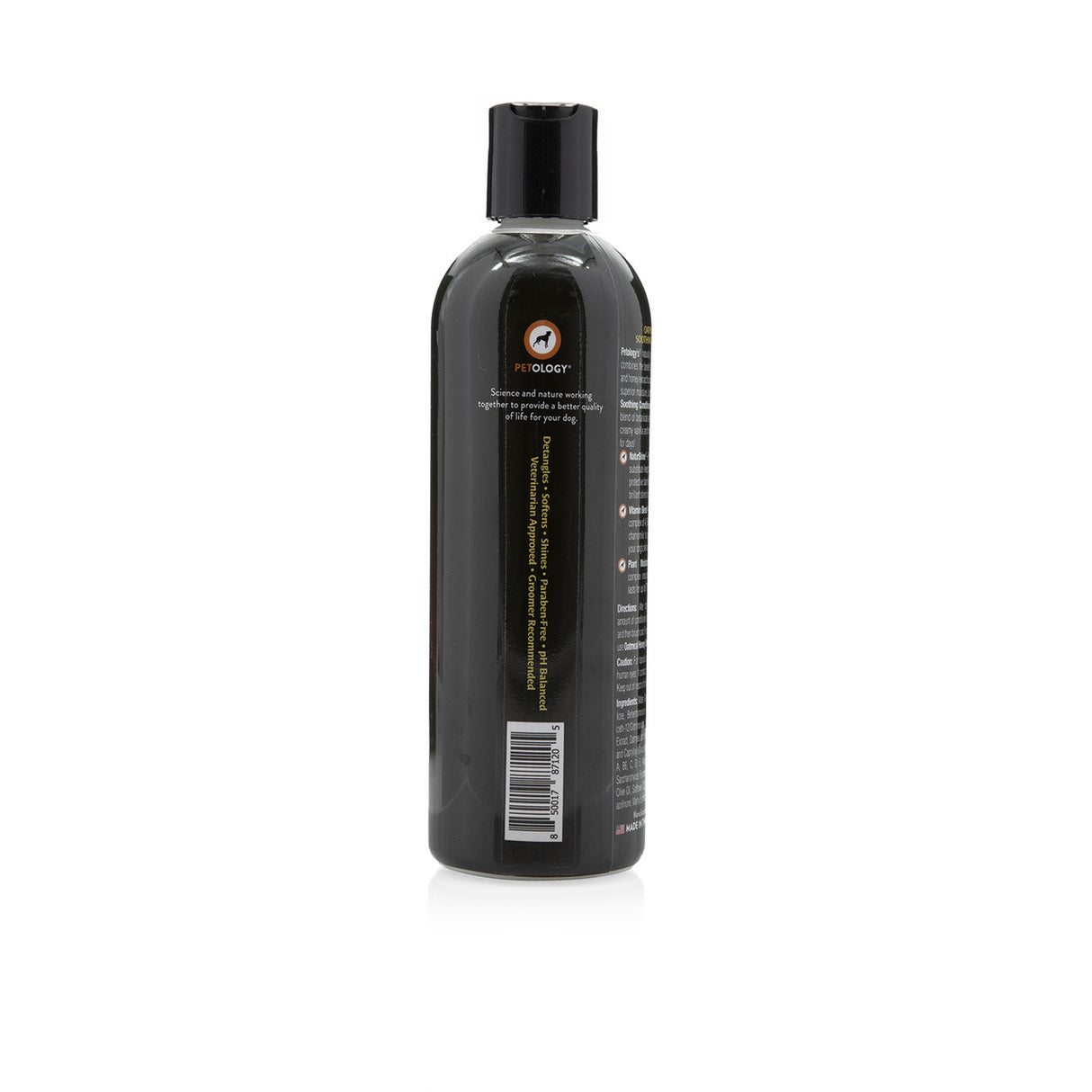 Side view of Petology Oatmeal Honey Soothing Conditioner 16 oz bottle, showcasing Petology logo, product features and UPC code