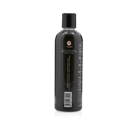 Side view of Petology Oatmeal Honey Soothing Conditioner 16 oz bottle, showcasing Petology logo, product features and UPC code