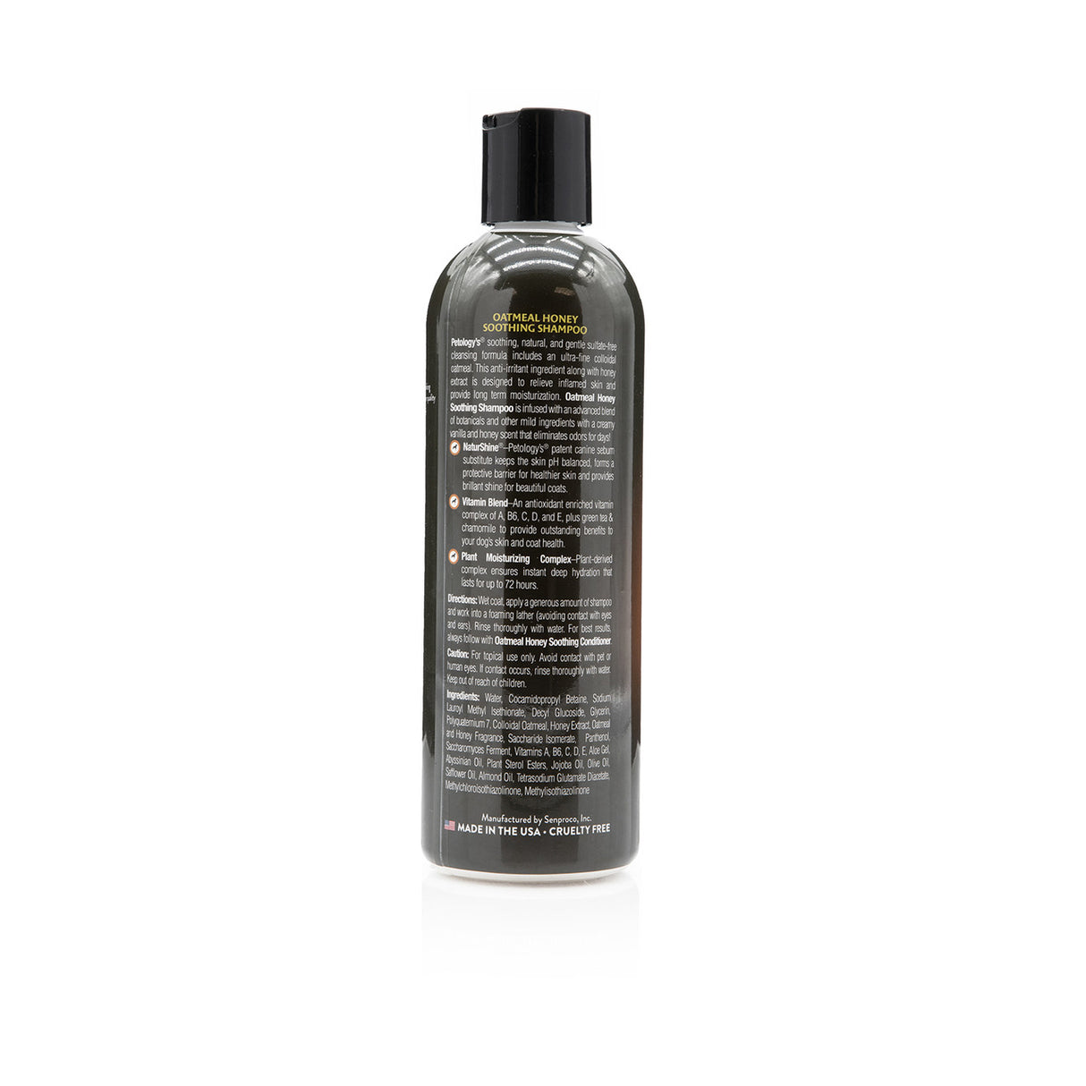 Back view of Petology Oatmeal Honey Soothing Shampoo 16 oz bottle, showcasing product label with description, directions and ingredients