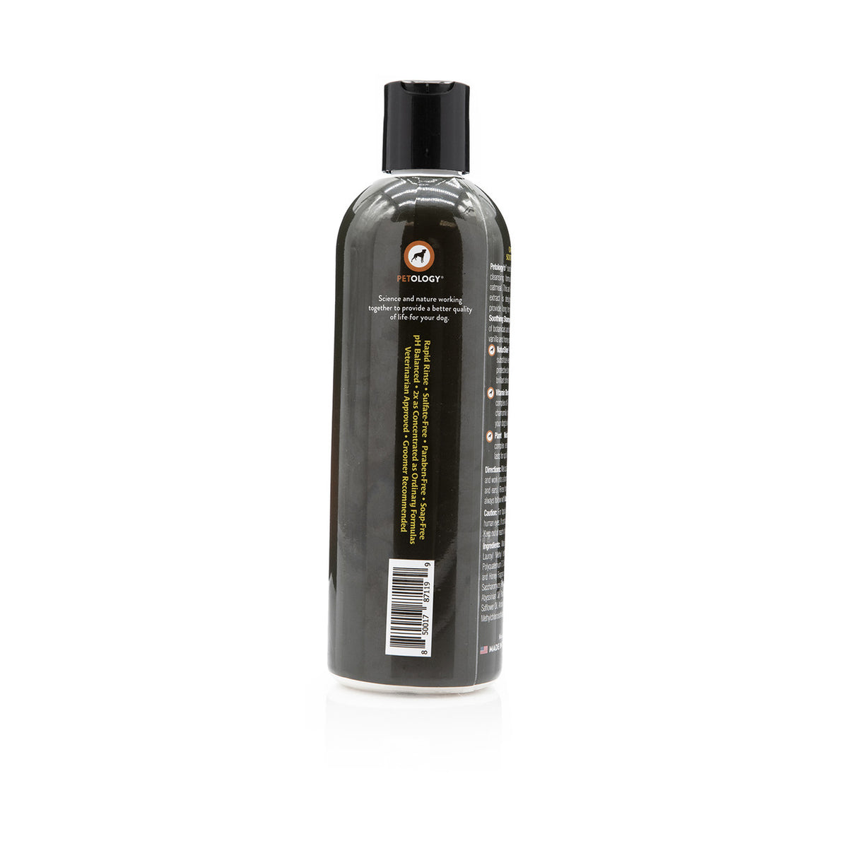Side view of Petology Oatmeal Honey Soothing Shampoo 16 oz bottle, showcasing Petology logo, product features and UPC code