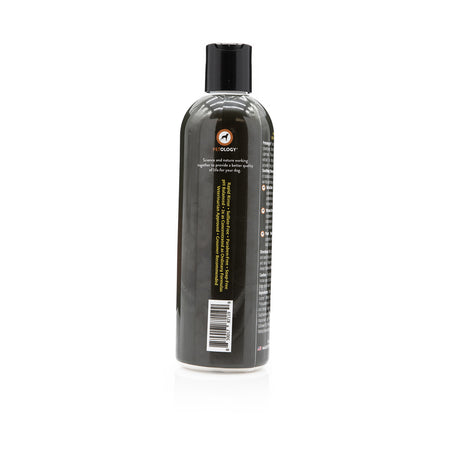 Side view of Petology Oatmeal Honey Soothing Shampoo 16 oz bottle, showcasing Petology logo, product features and UPC code