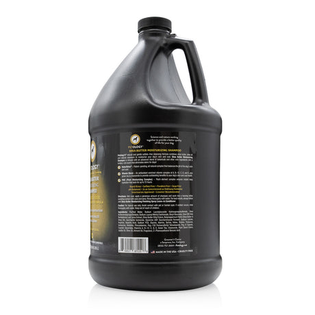 Side view of Petology Shea Butter Moisturizing Shampoo gallon jug, showcasing product label with ingredients and description