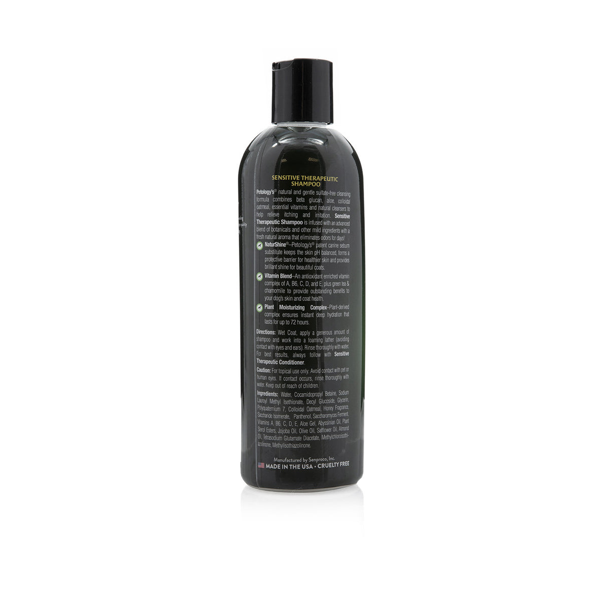 Back view of Petology Sensitive Therapeutic Shampoo 16 oz bottle, showcasing product label with description, directions and ingredients