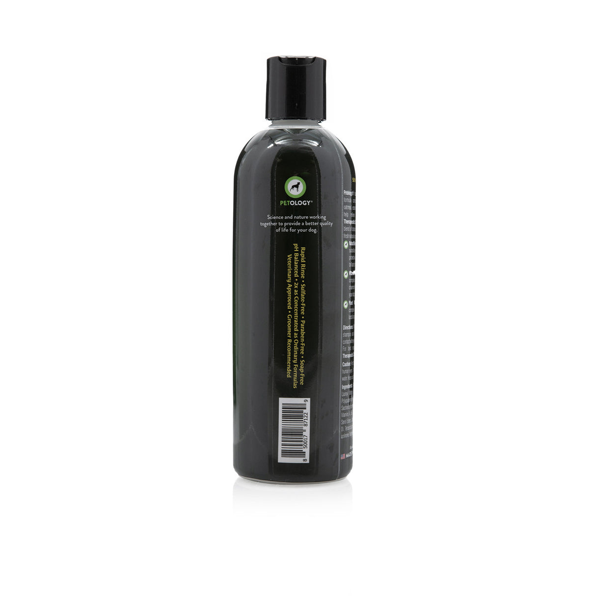 Side view of Petology Sensitive Therapeutic Shampoo 16 oz bottle, showcasing Petology logo, product features and UPC code