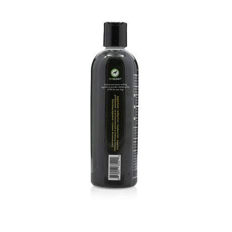 Side view of Petology Sensitive Therapeutic Shampoo 16 oz bottle, showcasing Petology logo, product features and UPC code
