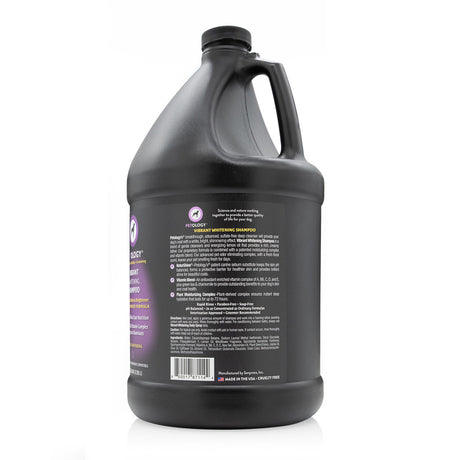 Side view of Petology Vibrant Whitening Shampoo gallon jug, showcasing product label with ingredients and description