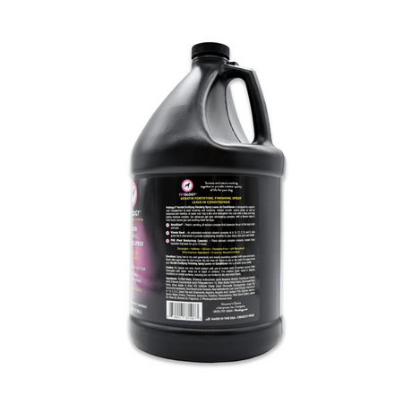 Side view of Petology Keratin Fortifying Finishing Spray gallon jug, showcasing product label with description, directions and ingredients