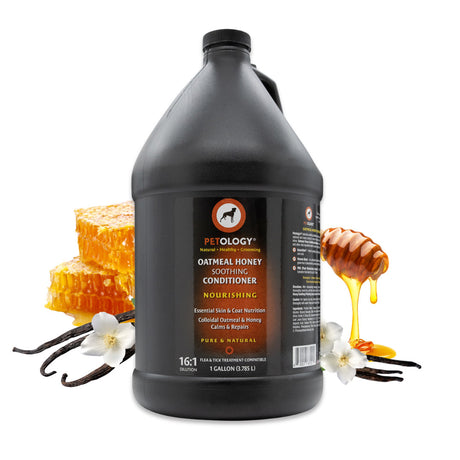 Gallon jug of Petology Oatmeal Honey Soothing Conditioner, displayed with honeycomb, dripping honey, vanilla pods and white vanilla orchid flowers