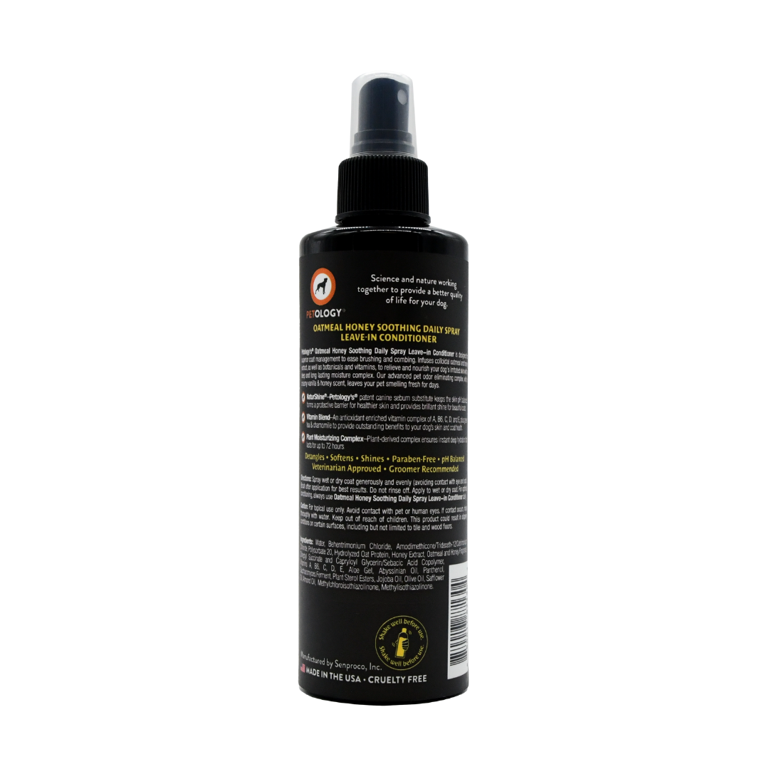 Back view of Petology Oatmeal Honey Soothing Daily Spray 8 oz bottle, showcasing product label with description, directions and ingredients