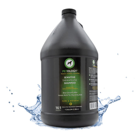 Gallon jug of Petology Sensitive Therapeutic Shampoo, emerging from a splash of clear water