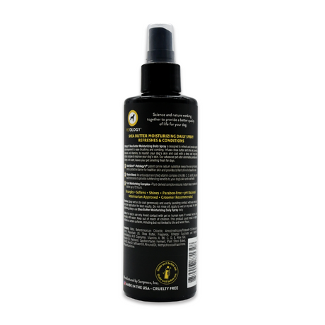 Back view of Petology Shea Butter Moisturizing Daily Spray 8 oz bottle, showcasing product label with description, directions and ingredients