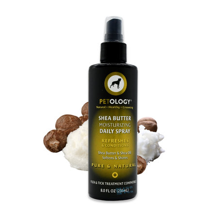 8 oz bottle of Petology Shea Butter Moisturizing Daily Spray, displayed with shea nuts and butter